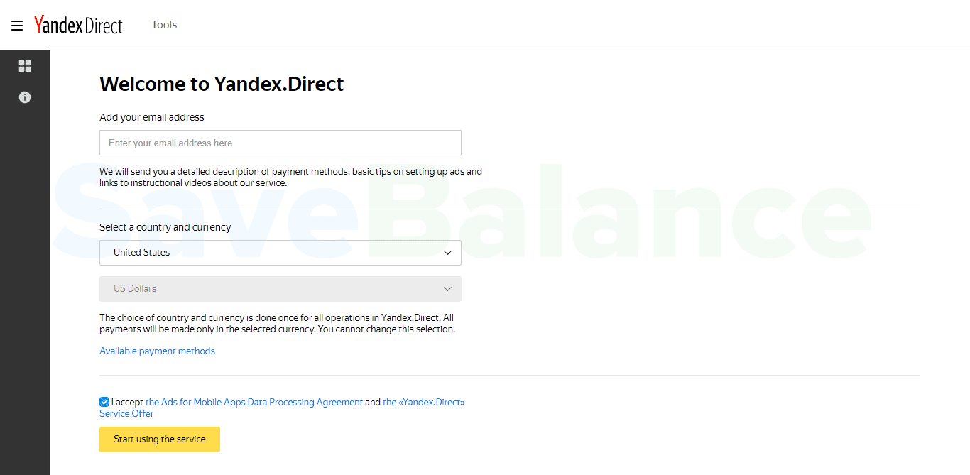 Пример создания аккаунта Директ без НДС